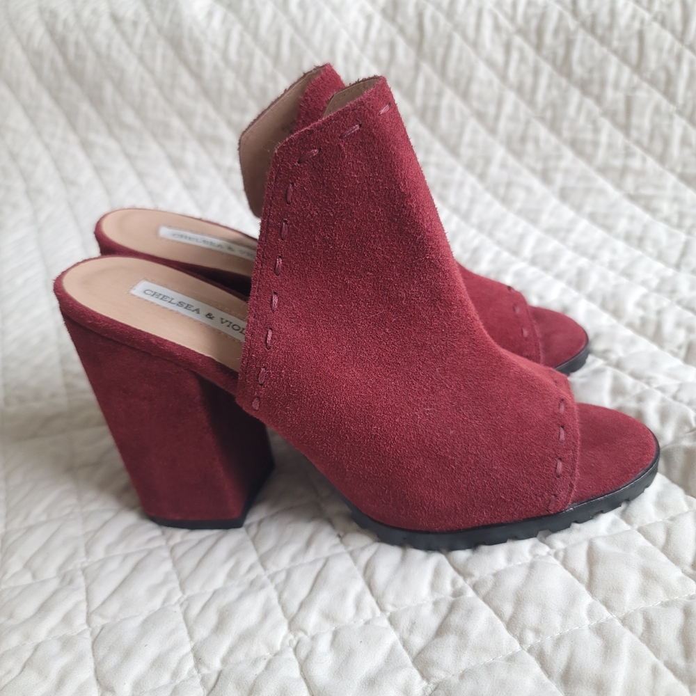 Chelsea & Violet Wine Red Suede Open-Toe Block Heel Mules